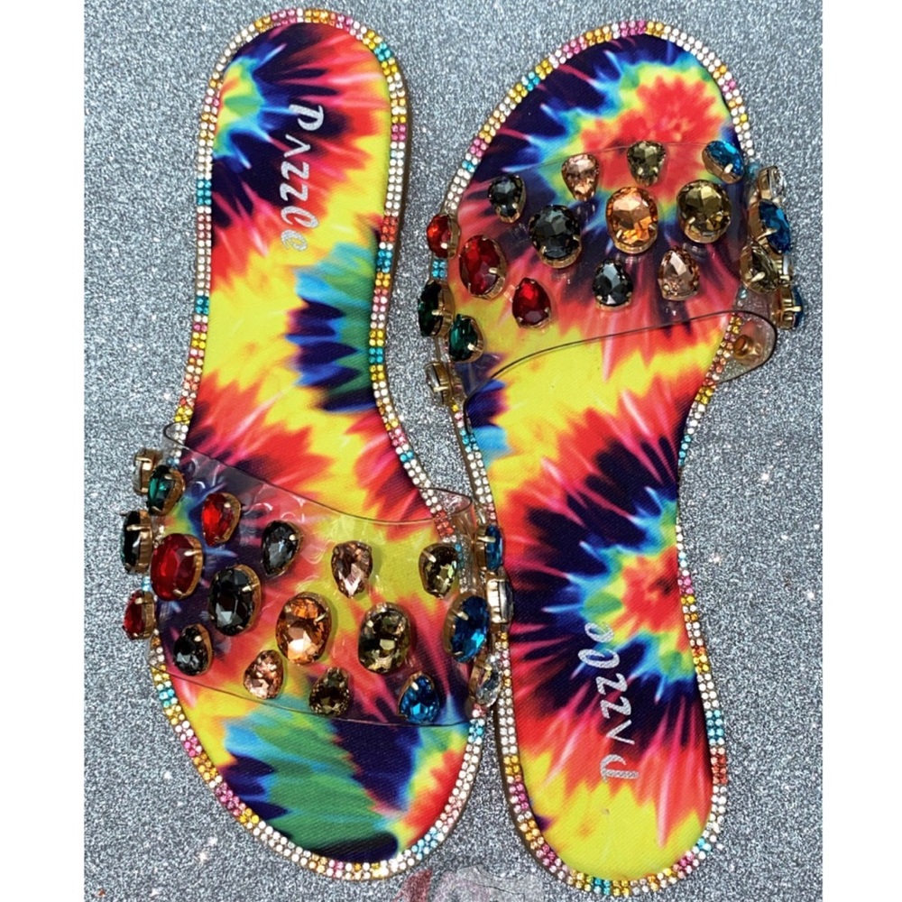 Rainbow Tie Dye Rhinestone Detail Sandals